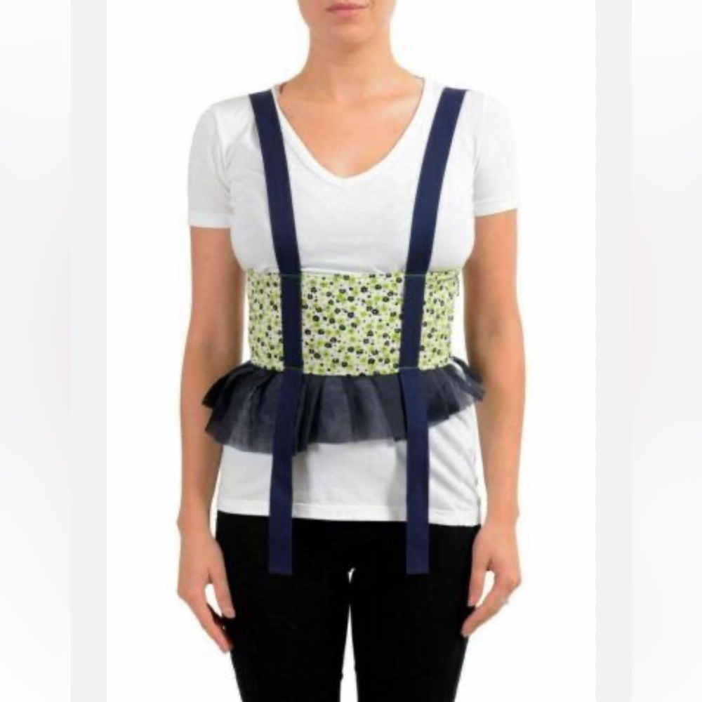 Maison Martin Margiela Navy Blue & Lime Green Floral Corset Belt with Tulle